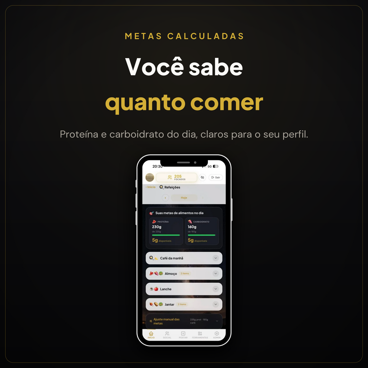 Tela do app com as metas diárias de proteína e carboidrato calculadas para o perfil