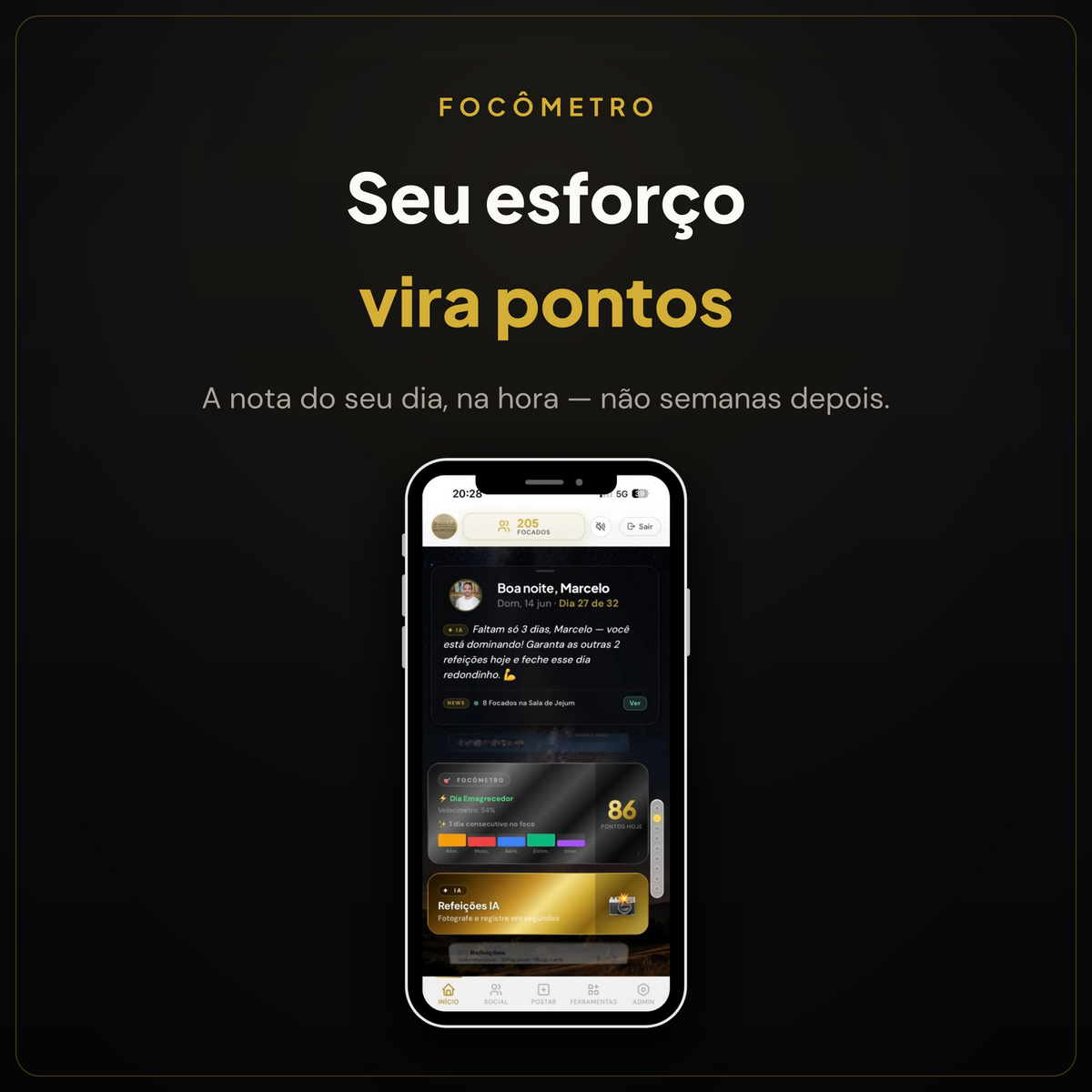 Dashboard do app com o Focômetro, a pontuação do seu dia