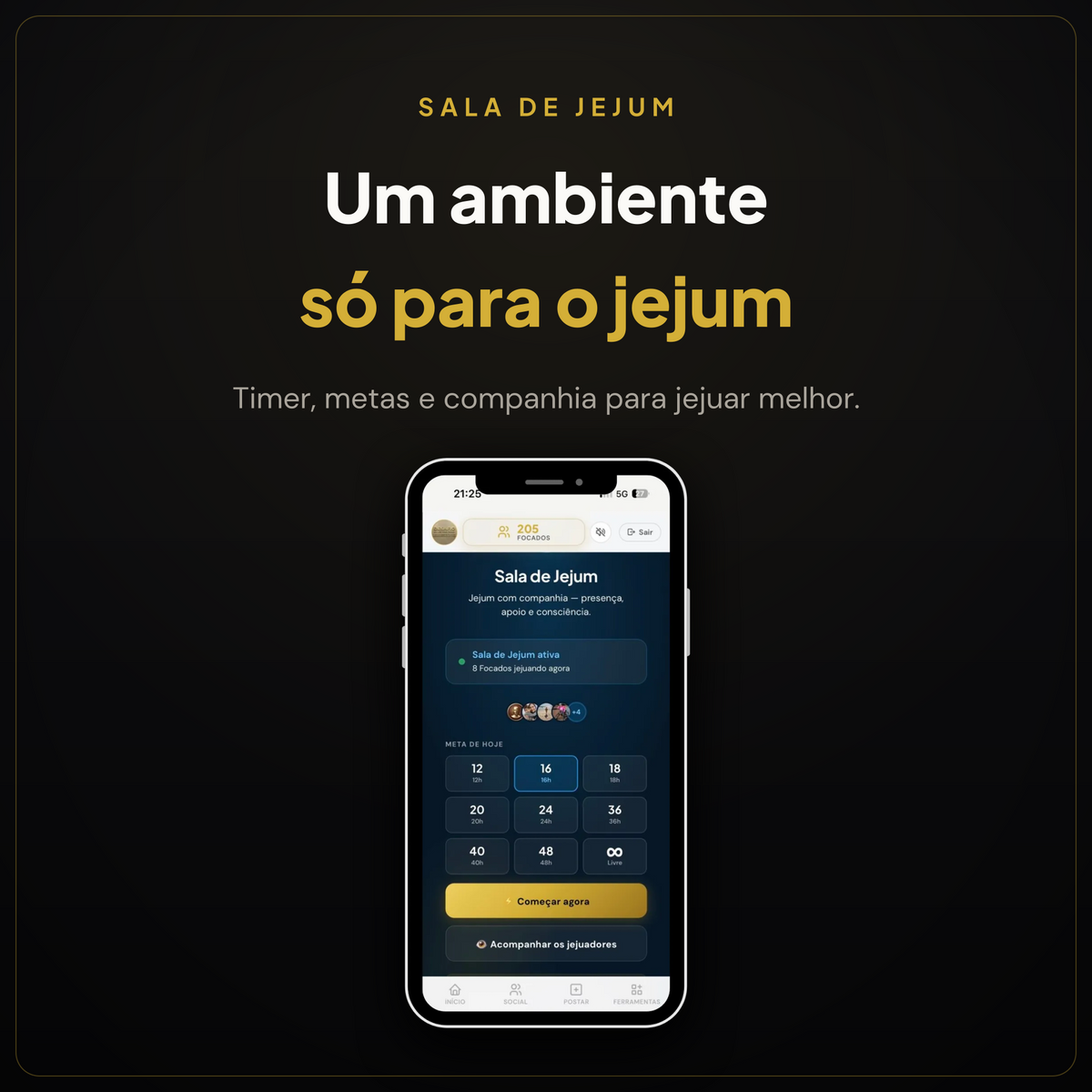 Sala de Jejum do app com timer e metas de jejum