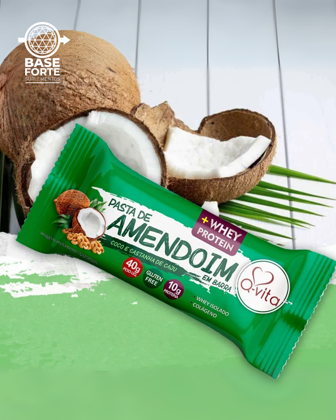 Barra de Pasta de Amendoim, Coco e Castanha de Cajú + Whey Protein