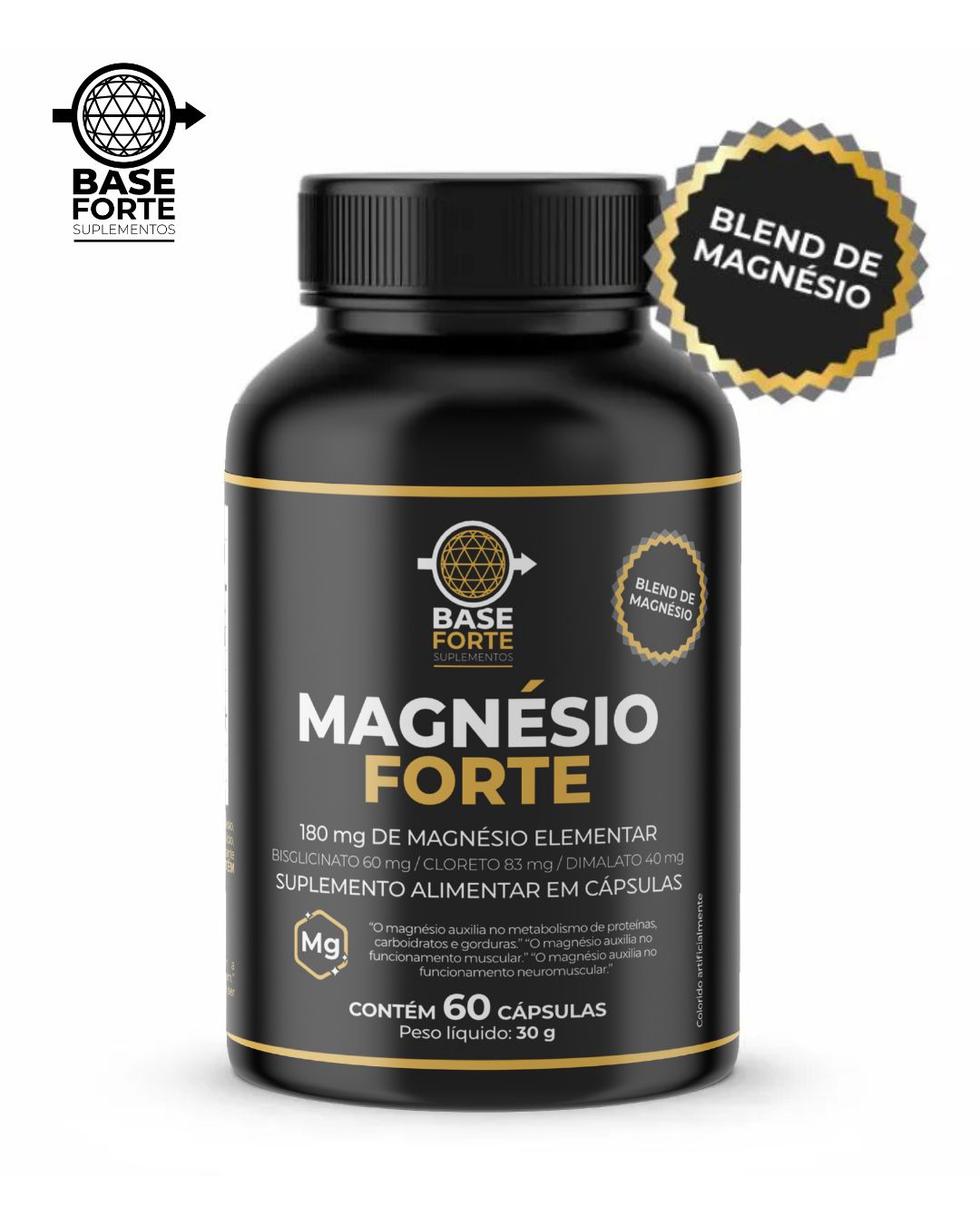 Magnésio Forte 180mg (Dimalato 40mg, Bisglicinato 60mg, Cloreto 83mg)
