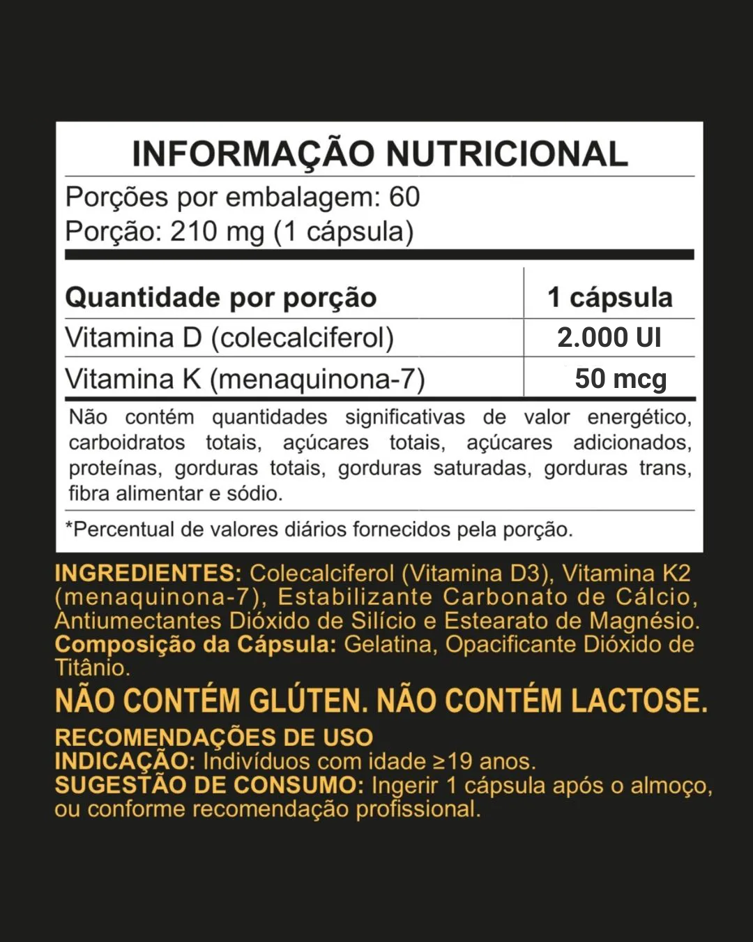 Vitaminas D3 e K2 60 cápsulas