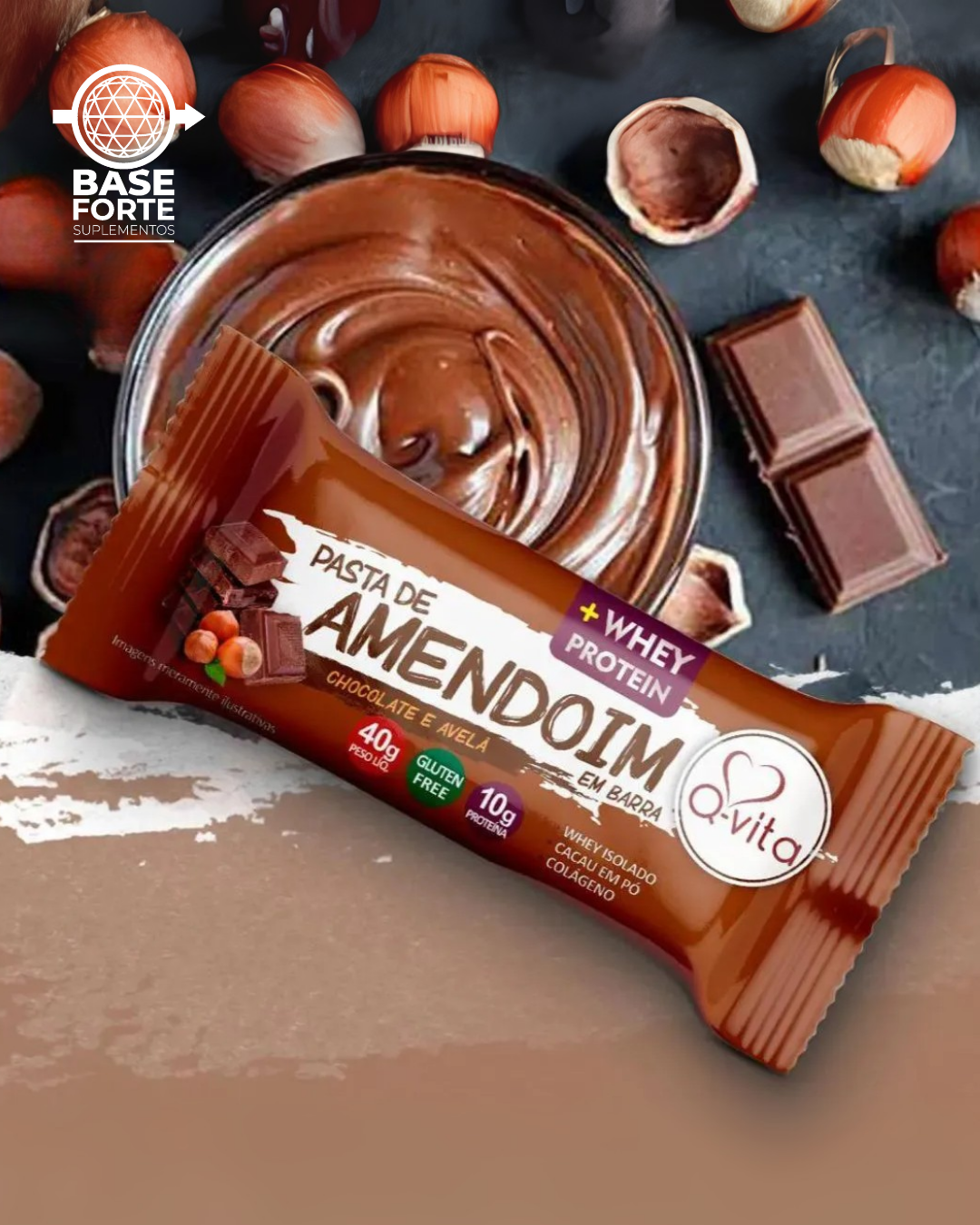 Barra de Pasta de Amendoim com Chocolate e Avelã + Whey Protein