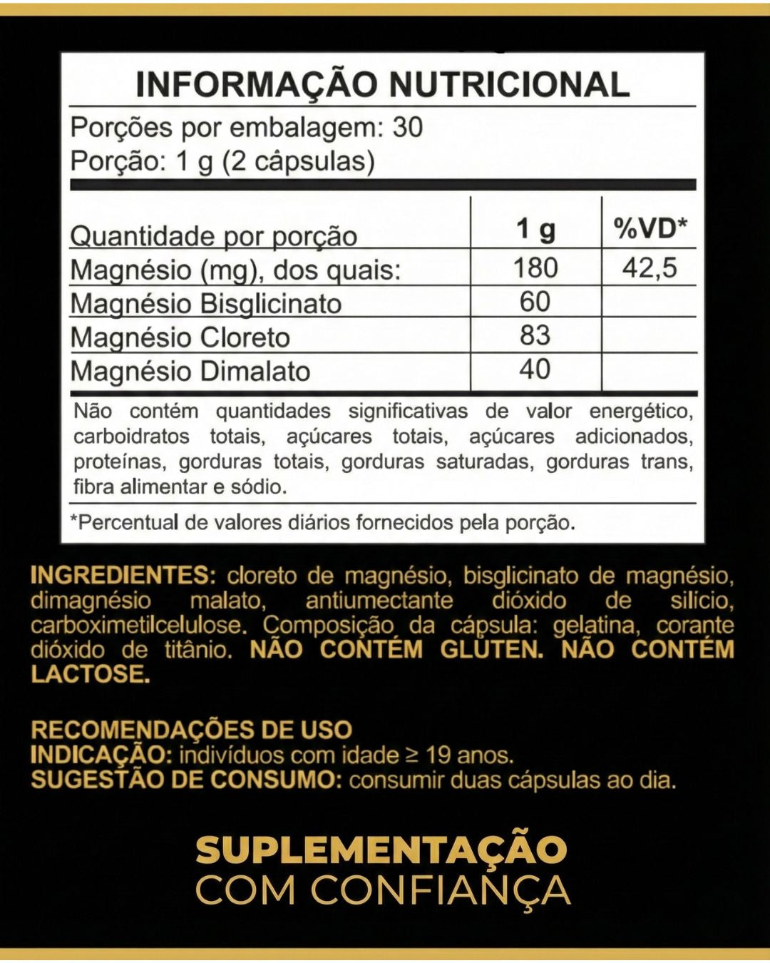 Magnésio Forte 180mg (Dimalato 40mg, Bisglicinato 60mg, Cloreto 83mg)
