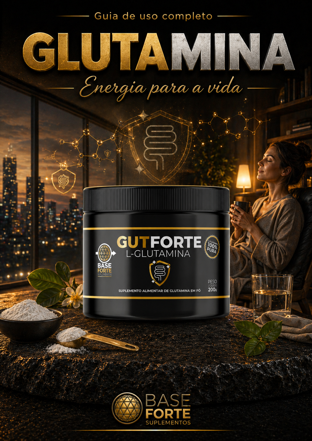 Glutamina Pura GutForte 200g + E-book Guia de uso