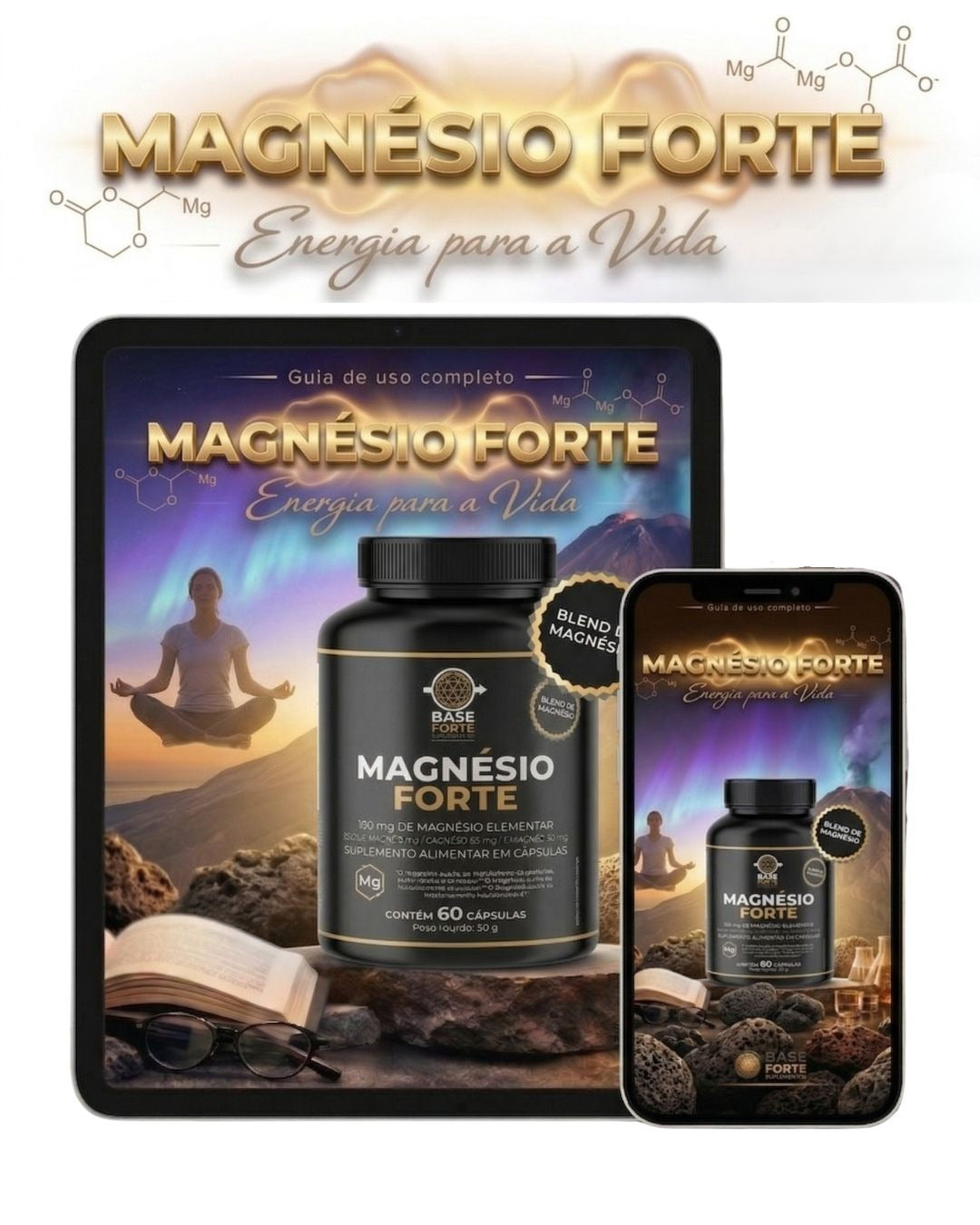 Magnésio Forte Base Forte180mg (Dimalato 40mg, Bisglicinato 60mg, Cloreto 83mg) + Guia de Uso BF